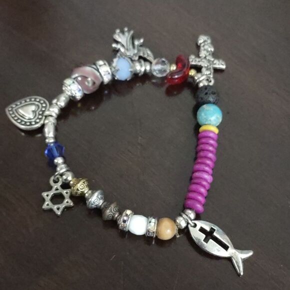 Women's Silvertone Coexist Charms with Multi Color Beaded Bracelet - Picture 2 of 7